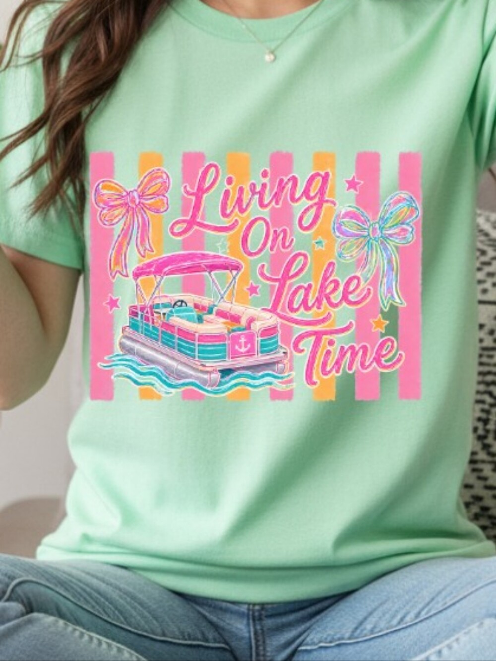 Gildan Mint Green 'Living On Lake Time' Graphic Tee with Pink and Yellow Accents
